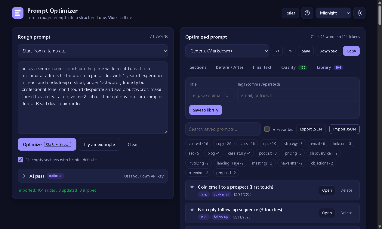Prompt library in a dark theme