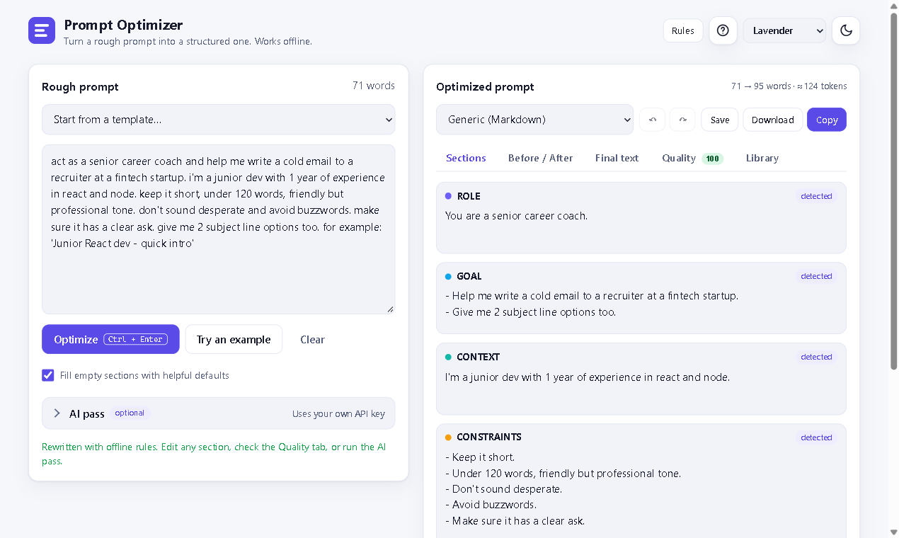 Structured prompt shown as six editable sections